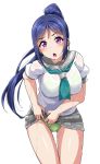  1girl :o aqua_neckerchief blue_hair blush bra breasts commentary_request gluteal_fold green_bra green_panties highres large_breasts leaning_forward long_hair long_ponytail looking_at_viewer love_live! love_live!_sunshine!! matsuura_kanan neckerchief open_mouth panties pleated_skirt ponytail school_uniform see-through serafuku short_sleeves simple_background skirt skirt_lift solo thigh_gap tie_clip underwear violet_eyes wet wet_clothes white_background wringing_clothes wringing_skirt yopparai_oni 
