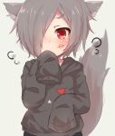  1girl animal_ears blush character_request copyright_request eyebrows_visible_through_hair fox_ears fox_tail grey_hair hair_over_one_eye looking_at_viewer po_(seiga67696379) red_eyes short_hair sleeves_past_wrists solo tail 