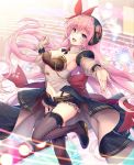  1girl ange_vierge artist_request bangs black_legwear breasts cleavage detached_collar detached_sleeves eyebrows_visible_through_hair frills garter_straps headphones looking_at_viewer medium_breasts megurine_luka midriff navel official_art one_leg_raised outstretched_arm overskirt pink_hair see-through shiny shoes shorts sparkle violet_eyes vocaloid 