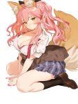  1girl absurdres animal_ears aya_(547972106) black_legwear blush bra breasts cardigan_around_waist cleavage collarbone fate/extella fate/extra fate_(series) fox_ears fox_tail heart highres kneehighs large_breasts loafers long_hair looking_at_viewer pink_bra pink_hair plaid plaid_skirt school_uniform shoes sidelocks simple_background sitting skirt solo tail tamamo_(fate)_(all) tamamo_jk_(fate) twintails underwear undone_bowtie v_arms wariza white_background yellow_eyes 