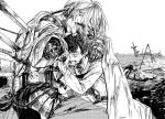  2boys amputee arm_over_shoulder armor bedivere blood bloody_clothes braid cape crying fate/grand_order fate_(series) french_braid fujimaru_ritsuka_(male) greyscale impaled long_hair male_focus monochrome multiple_boys sword tears weapon 