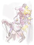  2girls blonde_hair brown_hair commentary_request face_painting facial_mark garter_straps marker multicolored_hair multiple_girls neo_(rwby) parasol pink_eyes pink_hair restrained rwby rwby_fanartnest smudge umbrella yang_xiao_long 