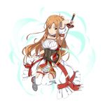  1girl arm_up asuna_(sao) breasts brown_hair choker detached_sleeves full_body highres holding holding_sword holding_weapon large_breasts long_hair rapier solo sword sword_art_online thigh-highs thigh_strap transparent_background very_long_hair weapon white_legwear wrist_cuffs 