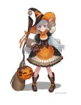  1girl absurdres adjusting_clothes adjusting_hat artist_name bag blue_eyes bow broom dress frilled_dress frilled_sleeves frills hand_up handbag hat heart highres jack-o&#039;-lantern lock looking_at_viewer orange_bow parted_lips solo soyoong_jun sword weapon white_hair witch_hat 