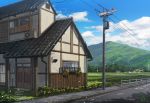  blue_sky clouds cloudy_sky commentary_request door grass house miso_katsu mountain no_humans original outdoors path power_lines railing road scenery sky telephone_pole town window 