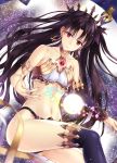  1girl armlet asymmetrical_clothes asymmetrical_legwear asymmetrical_sleeves bare_shoulders black_hair black_legwear black_panties blush breasts cleavage closed_mouth collarbone crown earrings fate/grand_order fate_(series) hair_ribbon highres hoop_earrings ishtar_(fate/grand_order) jewelry looking_at_viewer navel neck_ring panties red_eyes ribbon shinkami_hiroki single_detached_sleeve single_thighhigh small_breasts smile solo stomach thigh-highs tohsaka_rin two_side_up underwear 