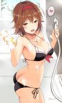  1girl ass bathroom bikini black_bikini blush breasts brown_eyes brown_hair collarbone headband heart jewelry kantai_collection looking_at_viewer looking_back medium_breasts necklace open_mouth red_headband revision ring shiny shiny_hair shiratsuyu_(kantai_collection) short_hair shower_head showering side-tie_bikini solo sponge standing steam swimsuit takaharu twitter_username upper_body wedding_band 