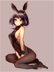  1girl animal_ears ankle_cuffs between_legs black_hair bob_cut breasts bright_pupils brown_background brown_legwear hand_between_legs large_breasts leaning_forward looking_at_viewer pantyhose red_eyes see-through_silhouette short_hair sideboob simple_background sitting solo tioeo white_pupils wrist_cuffs yokozuwari 