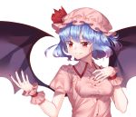  1girl absurdres bangs bat_wings black_wings blue_hair bow breasts brown_eyes buttons eyebrows_visible_through_hair gem_oblivion hand_on_own_chest hat hat_bow highres mob_cap nail_polish pink_hat puffy_short_sleeves puffy_sleeves red_bow remilia_scarlet short_hair short_sleeves simple_background slit_pupils small_breasts smile solo touhou upper_body white_background wings 