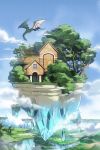  blue_sky commentary_request crystal day door dragon fantasy floating_island flying fog gate highres house lake miso_katsu no_humans original outdoors river scenery sky stairs valley water waterfall window 