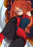  1girl android_21 black_legwear blue_eyes curly_hair detached_sleeves dragon_ball dragon_ball_fighterz earrings emirio_(user_wmup5874) glasses highres hoop_earrings jewelry long_hair pantyhose serious 