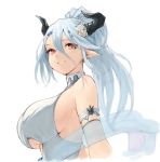  1girl bare_shoulders blue_hair breasts doraf flower from_side granblue_fantasy hair_between_eyes hair_flower hair_ornament highres horns izmir koretsuki_azuma large_breasts long_hair looking_at_viewer looking_to_the_side parted_lips pointy_ears ponytail red_eyes shawl sideboob smile solo under_boob upper_body 