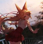  1girl animal_ears artist_name bangs blonde_hair closed_mouth dutch_angle eyebrows_visible_through_hair floating_hair fox_ears fox_girl fox_tail green_eyes hair_flaps japanese_clothes light_smile long_hair looking_at_viewer looking_back nontraditional_miko original outdoors outstretched_arms railing sakuhiko signature smile solo stairs tail very_long_hair 