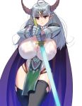  1girl ahoge black_legwear breasts cleavage curvy erect_nipples gauntlets highres horns huge_breasts long_hair looking_at_viewer masao original red_eyes see-through silver_hair simple_background solo sword thick_thighs thigh-highs thighs weapon white_background 