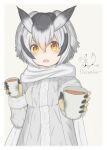  1girl absurdres bird_girl bird_wings blush coat commentary_request cup eyebrows_visible_through_hair fur_trim gloves grey_coat grey_hair head_wings highres kemono_friends long_sleeves looking_at_viewer multicolored_hair northern_white-faced_owl_(kemono_friends) open_mouth orange_eyes owl_ears owl_girl pov scarf short_hair solo stroke_16777216 white_coat white_hair white_scarf wings yellow_gloves 