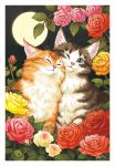  animal blue_eyes brown_fur cat closed_eyes closed_mouth commentary_request flower full_moon ladybug looking_at_viewer moon night night_sky no_humans one_eye_closed orange_fur original pink_rose red_rose rose signature sky takigraphic white_fur yellow_rose 