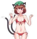  ;d absurdres animal_ears bangs bare_arms bare_shoulders bikini blush bracelet breasts brown_hair cat_ears cat_tail chen cowboy_shot earrings eyebrows_visible_through_hair front-tie_bikini front-tie_top gem_oblivion green_hat groin halter_top halterneck hat highres jewelry looking_at_viewer mob_cap multiple_tails navel one_eye_closed open_mouth paw_pose red_bikini red_eyes short_hair side-tie_bikini simple_background slit_pupils small_breasts smile swimsuit tail touhou white_background 