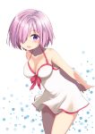 1girl :d arms_behind_back bangs blush breasts collarbone dress eyebrows_visible_through_hair fate_(series) hair_over_one_eye highres large_breasts leaning_forward looking_at_viewer open_mouth purple_hair shielder_(fate/grand_order) short_hair smile solo swimsuit thighs violet_eyes white_dress white_swimsuit yoshikita_popuri 