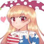  1girl bangs blonde_hair closed_mouth clownpiece eyebrows_visible_through_hair face gem_oblivion hat heart highres jester_cap long_hair looking_at_viewer neck_ruff polka_dot portrait red_eyes sidelocks simple_background smile solo touhou white_background 