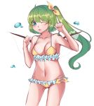  1girl absurdres ahoge bangs bare_arms bikini blue_eyes blush bow breasts cowboy_shot daiyousei eyebrows_visible_through_hair frilled_bikini frills gem_oblivion green_hair groin hair_bow hand_up highres long_hair looking_at_viewer medium_breasts navel one_eye_closed open_mouth side_ponytail simple_background solo swimsuit touhou white_background yellow_bikini yellow_bow 