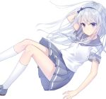  1girl blue_eyes blue_hairband grey_sailor_collar grey_skirt hairband kantai_collection kneehighs long_hair pleated_skirt sagiri_(kantai_collection) sailor_collar school_uniform serafuku short_sleeves silver_hair simple_background skirt smile solo transistor white_background white_legwear 