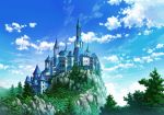 blue_sky castle cliff clouds cloudy_sky commentary_request day forest highres nature no_humans outdoors sakanamodoki scenery sky tower tree 