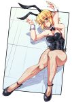  1girl alternate_costume animal_ears armpits bangs bare_shoulders black_leotard black_ribbon blonde_hair blush breasts bunny_pose bunnysuit cleavage closed_mouth commentary_request detached_collar eyebrows_visible_through_hair fishnet_pantyhose fishnets full_body green_eyes highres leotard looking_at_viewer medium_breasts mizuhashi_parsee neck_ribbon nose_blush ootsuki_wataru pantyhose pointy_ears rabbit_ears ribbon short_hair solo touhou wavy_mouth wrist_cuffs 
