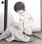  1boy back bandage black_hair blood bloody_bandages bloody_clothes green_eyes holding_shirt horikawa_kunihiro injury kyoujixxxx male_focus shirtless sitting_on_floor solo sweat touken_ranbu 