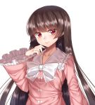  1girl absurdres bangs bow brown_eyes brown_hair eyebrows_visible_through_hair gem_oblivion highres houraisan_kaguya long_hair long_sleeves looking_at_viewer parted_lips simple_background slit_pupils solo touhou upper_body white_background white_bow wide_sleeves 