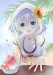  1girl :d bare_shoulders beach blue_eyes blue_sky blush braid breasts chocolate cleavage collarbone commentary_request day eyebrows_visible_through_hair fingernails flower hair_between_eyes hair_over_shoulder head_tilt hiyuki-chan holding holding_spoon hood_up jacket long_hair long_sleeves looking_at_viewer ocean off_shoulder open_mouth outdoors pov_feeding ribbon shaved_ice shiiba_nae silver_hair single_braid sky small_breasts smile solo sound_voltex spoon sunflower table tareme translation_request white_bikini_top white_choker white_hood white_jacket yellow_ribbon 