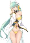  1girl aqua_hair bangs bare_shoulders bikini blush bow breasts cleavage closed_mouth cowboy_shot detached_collar eyebrows_visible_through_hair fate_(series) hair_between_eyes hair_bow head_tilt highres horns japanese_clothes kimono kiyohime_(fate/grand_order) kiyohime_(swimsuit_lancer)_(fate) large_breasts long_hair looking_at_viewer obi off_shoulder open_clothes open_kimono sash sidelocks simple_background smile solo standing swimsuit terry_(pixiv3274443) thigh_gap thigh_strap thighs very_long_hair white_background white_bikini yellow_bikini yellow_bow yellow_eyes 