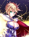  1girl ahoge artoria_pendragon_(all) artoria_pendragon_(lancer) blonde_hair breasts cape cleavage cleavage_cutout closed_mouth crown fate/grand_order fate_(series) fur_trim green_eyes hair_between_eyes large_breasts looking_at_viewer shinkami_hiroki sidelocks solo upper_body 