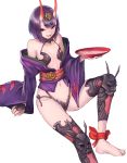  1girl :d alcohol ankle_ribbon arm_support bare_shoulders breasts cup fate/grand_order fate_(series) headpiece highres japanese_clothes kimono koretsuki_azuma long_sleeves looking_at_viewer navel oni_horns open_clothes open_kimono open_mouth purple_hair revealing_clothes ribbon sakazuki sake short_eyebrows shuten_douji_(fate/grand_order) simple_background sitting small_breasts smile solo stomach violet_eyes white_background wide_sleeves 