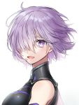  1girl fate/grand_order fate_(series) hair_over_one_eye looking_at_viewer open_mouth purple_hair shielder_(fate/grand_order) short_hair simple_background smile solo tyyni upper_body violet_eyes white_background 