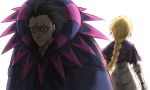  1boy 1girl black_eyes black_hair blonde_hair bloom braid capelet caster_(fate/zero) crying crying_with_eyes_open fate/zero fate_(series) fauld highres jacket kan_(aaaaari35) long_hair parted_lips purple_jacket ruler_(fate/apocrypha) single_braid smile tears upper_body 
