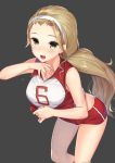  1girl :d black_background blonde_hair blush boyshorts forehead girls_und_panzer green_eyes gym_shorts hairband hand_up highres kagematsuri leaning_forward long_hair looking_at_viewer open_mouth ponytail sasaki_akebi short_shorts shorts simple_background sleeveless smile solo sportswear thighs volleyball_uniform 