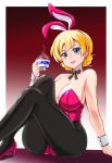  1girl alternate_costume animal_ears arm_support bangs bare_shoulders black_bow black_bowtie black_legwear blonde_hair blue_eyes bow bowtie braid breasts bunnysuit cleavage commentary_request cup darjeeling detached_collar eyebrows_visible_through_hair girls_und_panzer gradient gradient_background high_heels highres holding kumoi_takashi large_breasts leaning_back leotard looking_at_viewer pantyhose parted_lips pink_leotard pink_shoes rabbit_ears red_background shoes short_hair sitting smile solo steam strapless strapless_leotard teacup tied_hair twin_braids wrist_cuffs 