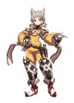  1girl absurdres animal_ears beltskirt boots cat_ears dagger facial_mark full_body gloves hand_on_hip highres looking_at_viewer official_art pointy_shoes puffy_sleeves saitou_masatsugu sheath shoes silver_hair solo weapon white_gloves xenoblade xenoblade_2 yellow_eyes 