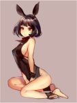  1girl animal_ears ankle_cuffs barefoot between_legs black_hair bob_cut breasts bright_pupils brown_background hand_between_legs large_breasts leaning_forward looking_at_viewer red_eyes see-through_silhouette short_hair sideboob simple_background sitting solo tioeo white_pupils wrist_cuffs yokozuwari 