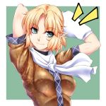  1girl alternate_hairstyle arm_warmers arms_behind_head arms_up blonde_hair blush breasts brown_shirt green_eyes looking_at_viewer mizuhashi_parsee ootsuki_wataru pointy_ears scarf shirt short_hair short_sleeves small_breasts smile solo touhou undershirt upper_body white_scarf 