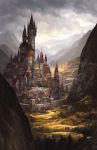  alayna_danner castle city clouds cloudy_sky commentary edge_of_darkness fantasy gate grey_sky highres landscape mountain outdoors path road scenery signature sky tower valley wall 