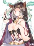  1girl animal_ears backless_outfit blush cloak erun_(granblue_fantasy) from_side granblue_fantasy highres hood hooded_cloak jpeg_artifacts kamioka_shun&#039;ya looking_at_viewer no_socks red_eyes shoes silver_hair skasaha_(granblue_fantasy) solo squatting 