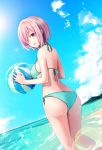  1girl ass ball beachball bikini blue_sky breasts clouds daikon_(tomohiro158) day fate/grand_order fate_(series) green_bikini highres holding holding_ball looking_at_viewer medium_breasts ocean pink_hair shielder_(fate/grand_order) side-tie_bikini sideboob sky smile solo standing swimsuit violet_eyes water 