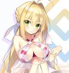  1girl bangs bikini blonde_hair blush braid breasts closed_mouth criss-cross_halter eyebrows_visible_through_hair fate/grand_order fate_(series) green_eyes hair_between_eyes hair_intakes hair_ribbon halter_top halterneck large_breasts long_hair looking_at_viewer nero_claudius_(swimsuit_caster)_(fate) red_bikini ribbon see-through sidelocks smile solo striped striped_bikini swimsuit upper_body white_ribbon youta 