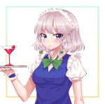  1girl bangs blue_eyes blush bow bowtie braid breasts cherry closed_mouth cup drinking_glass expressionless eyebrows_visible_through_hair food fruit gem_oblivion green_bow green_bowtie hair_bow highres holding holding_tray izayoi_sakuya looking_at_viewer maid medium_breasts puffy_short_sleeves puffy_sleeves short_hair short_sleeves side_braid silver_hair solo touhou tray twin_braids upper_body wine_glass 
