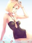  1girl android_18 aqua_nails arm_support arm_up armpits bare_arms bare_shoulders black_swimsuit blonde_hair blue_eyes bracelet breasts casual_one-piece_swimsuit covered_navel dragon_ball eating eyes_visible_through_hair food grey_background halterneck highres jewelry medium_breasts mouth_hold nail_polish one-piece_swimsuit partially_submerged petals popsicle purple_mii removing_sunglasses shiny shiny_hair short_hair simple_background sitting solo sunglasses swimsuit thighs tsurime white-framed_eyewear 