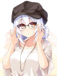  1girl brown_eyes cu-no glasses hat hisenkaede jewelry looking_at_viewer necklace rapua_qive silver_hair simple_background solo upper_body 