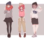  3girls :d ;d artist_name bangs beanie blue_eyes blush brown_background casual character_name clothes_writing cyaron_(love_live!) glasses green_eyes grey_hair grin hat kudo_(low_temp) kurosawa_ruby long_sleeves love_live! love_live!_sunshine!! multiple_girls one_eye_closed open_mouth orange_hair pants pantyhose red_eyes redhead shoes short_hair signature simple_background skirt smile takami_chika two-tone_background v watanabe_you white_background 