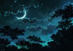  clouds cloudy_sky commentary_request crescent_moon forest highres moon nature night night_sky no_humans outdoors sakanamodoki scenery sky star_(sky) starry_sky tree 