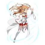  1girl armor asuna_(sao) boots braid brown_eyes brown_hair floating_hair foreshortening french_braid full_body furrowed_eyebrows highres holding holding_sword holding_weapon long_hair long_sleeves official_art open_mouth skirt solo sword sword_art_online thigh-highs thigh_boots transparent_background weapon white_legwear 